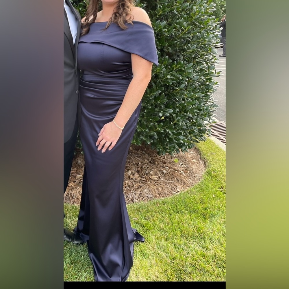 Vince Camuto navy blue off the shoulder gown